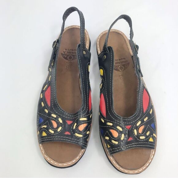 Maria Bonita Black Leather Colorful Stitch Inlay Slingback Open Toe Flat Sandals - Picture 1 of 16